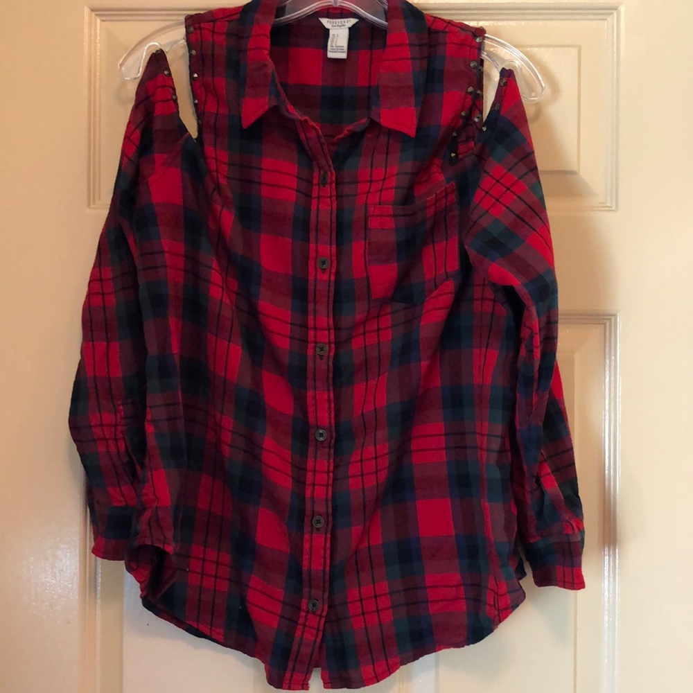 Red flannel bare shoulder button down